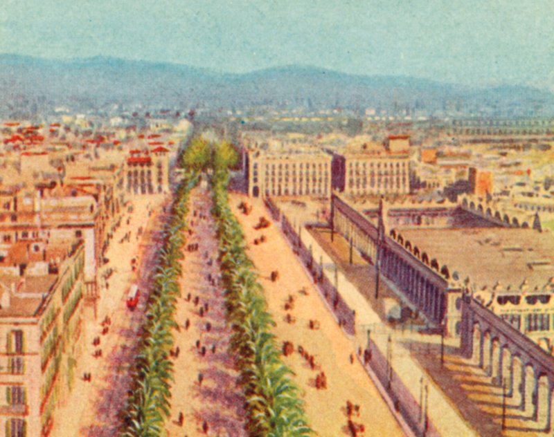 Barcelona, Rambla (barevná litografie) od English School