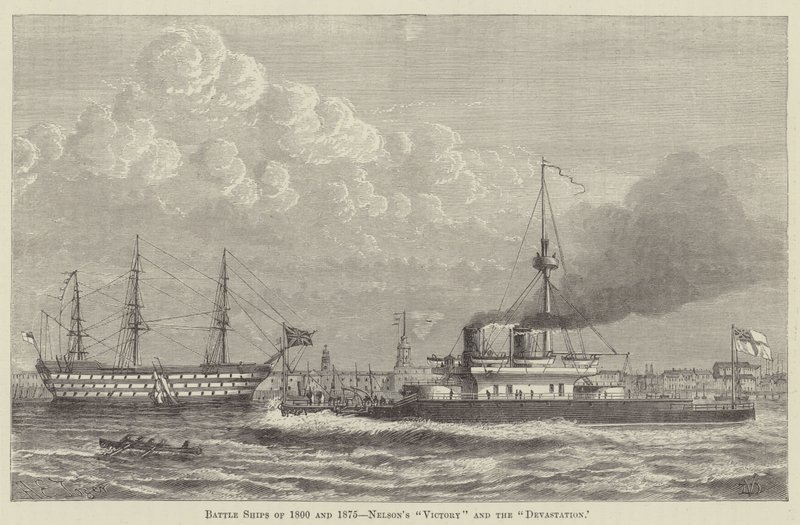Bitevní lodě z let 1800 a 1875, Nelsonova "Victory" a "Devastation" (rytina) od English School