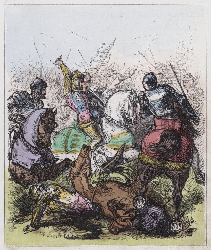 Bitva o Agincourt (barevná rytina) od English School