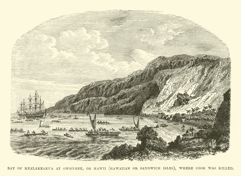 Bay of Kealakekua v Owyhee, nebo Havaj, Havajské nebo Sandwich Isles, kde byl zabit Cook od English School