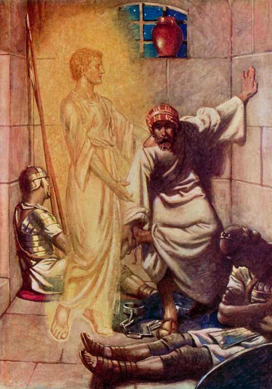 „Hle, anděl Páně přišel na něj a ve vězení zazářilo světlo“, Svatý Petr, Skutky XII, 7 (barva lito) od English School