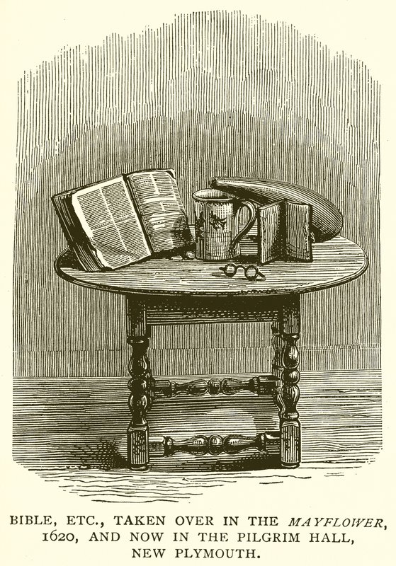 Bible atd., převzaté v Mayflower, 1620, a nyní v Pilgrim Hall, New Plymouth od English School
