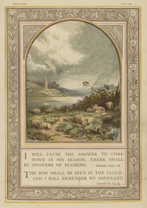 Bible, déšť a duha, Ezechiel, Genesis (chromolitho) od English School