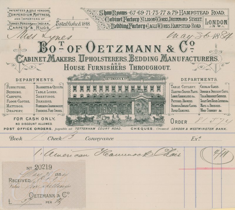 Bill od Oetzmann & Co, truhlářů, čalouníků, výrobců lůžkovin a bytových doplňků od English School