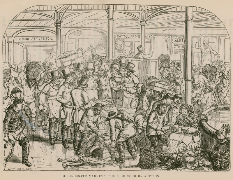 Billingsgate Market, ryby prodávané v aukci od English School