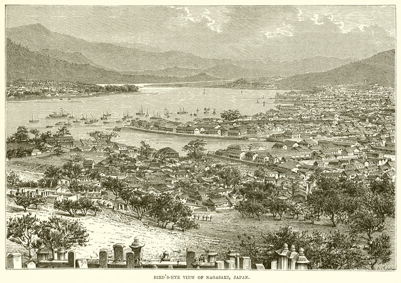 Pohled z ptačí perspektivy na Nagasaki, Japonsko od English School