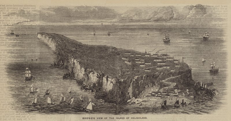 Pohled na ostrov Helgoland z ptačí perspektivy (rytina) od English School