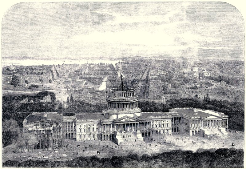 Pohled z ptačí perspektivy na město Washington 1861, s budovaným Kapitolem v popředí [Digitálně vyčištěná verze] od English School