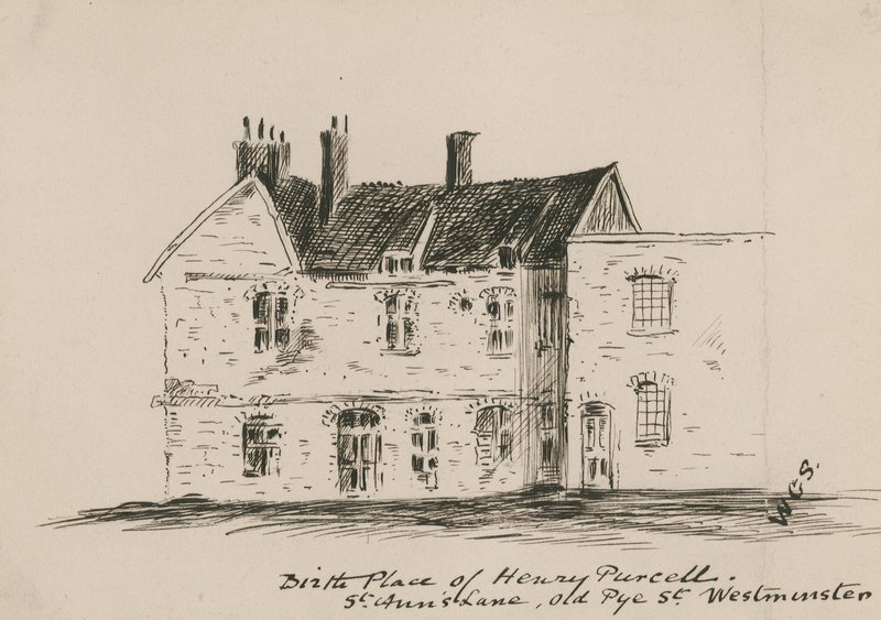 Místo narození Henryho Purcella, St Anns Lane, Old Pye Street, Westminster (inkoust na papíře) od English School