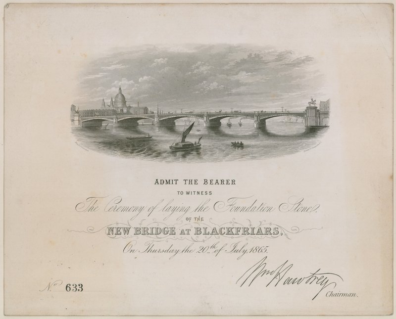 Most Blackfriars. Pozvánka na slavnostní položení základního kamene, 20. července 1865 od English School