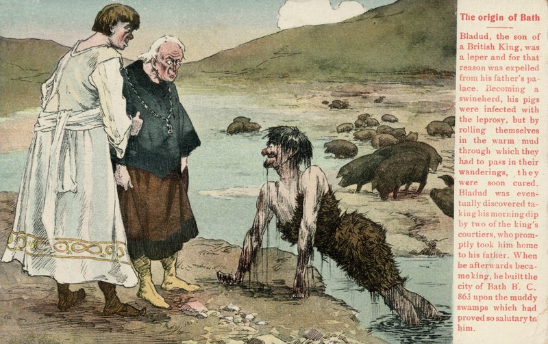 Bladud, legendární král Britů, který údajně založil město Bath (barva litho) od English School