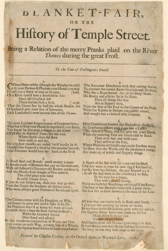 Dekový veletrh. Báseň o Frost Fair z roku 1684 od English School
