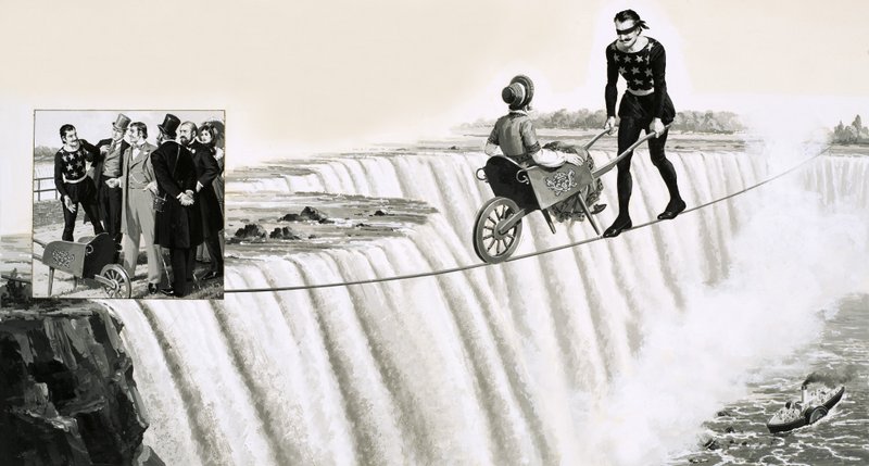 Blondin (Francois Gravelet) tlačí trakař přes lano nad Niagarskými vodopády od English School