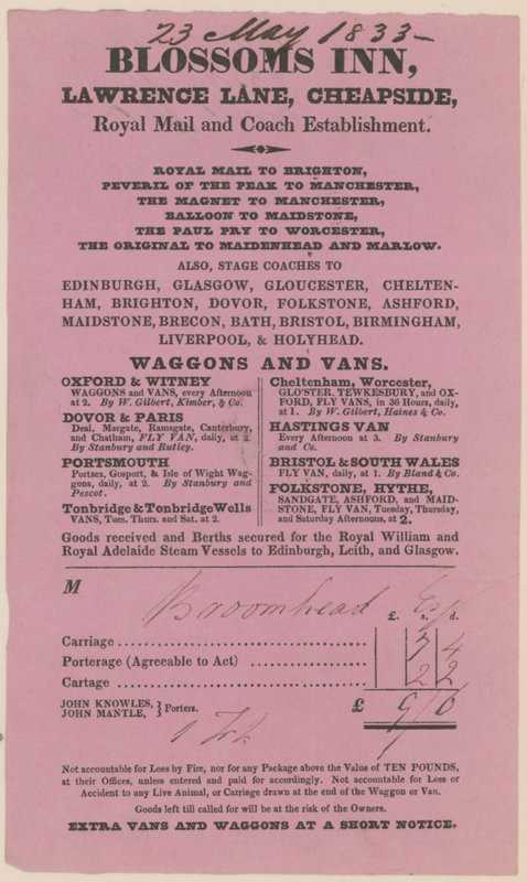 Blossoms Inn, Lawrence Lane, Cheapside, Bill od English School