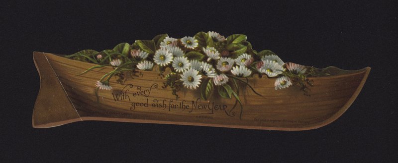 Loďka plná sedmikrásek, novoroční přání, konec 19. nebo začátek 20. století (chromolit) od English School