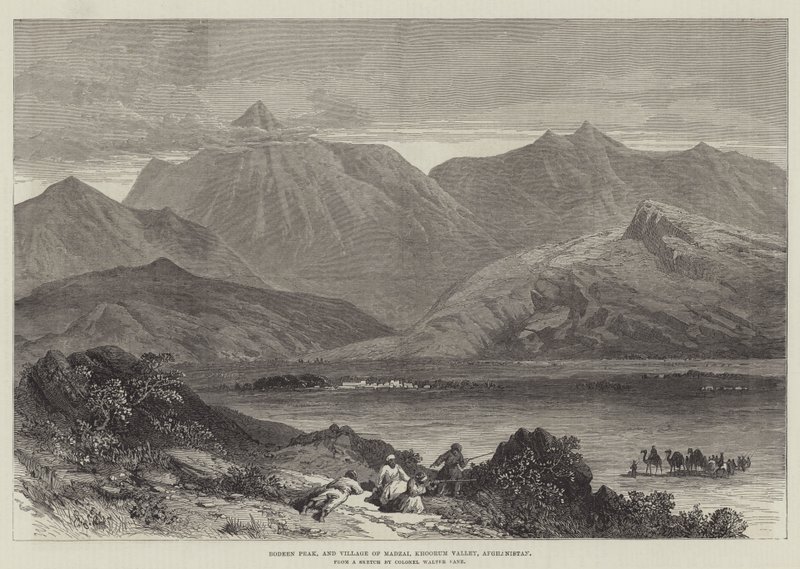 Bodeen Peak a vesnice Madzai, údolí Khoorum, Afghánistán (rytina) od English School