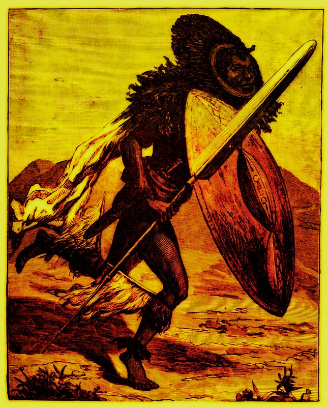 Bongo warrior, ilustrace z Příběhu člověka od J. W. Buela, vydáno 1889 (digitálně vylepšený obrázek) od English School