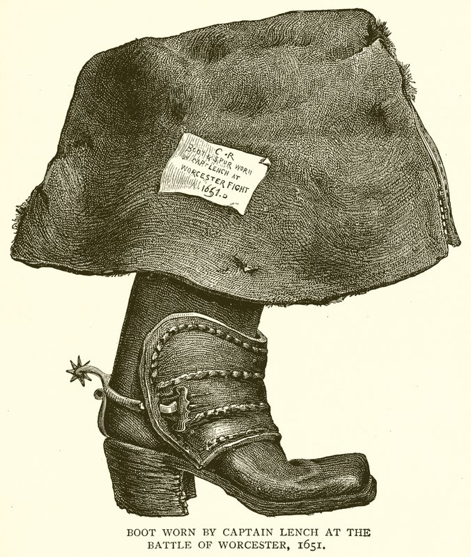 Boty nošené kapitánem Lenchem v bitvě u Worcesteru, 1651 od English School