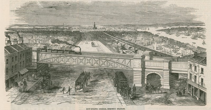 Bow Spring Bridge, stanice Stepney, Londýn od English School