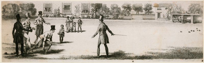 Bowls se hraje během Regency v neidentifikované zahradě od English School