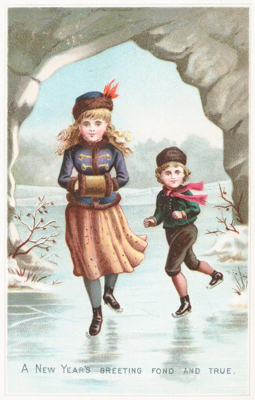 Chlapec a dívka bruslení, novoroční přání od English School