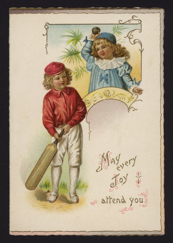 Chlapec a dívka hrající kriket, blahopřání, konec 19. nebo začátek 20. století od English School