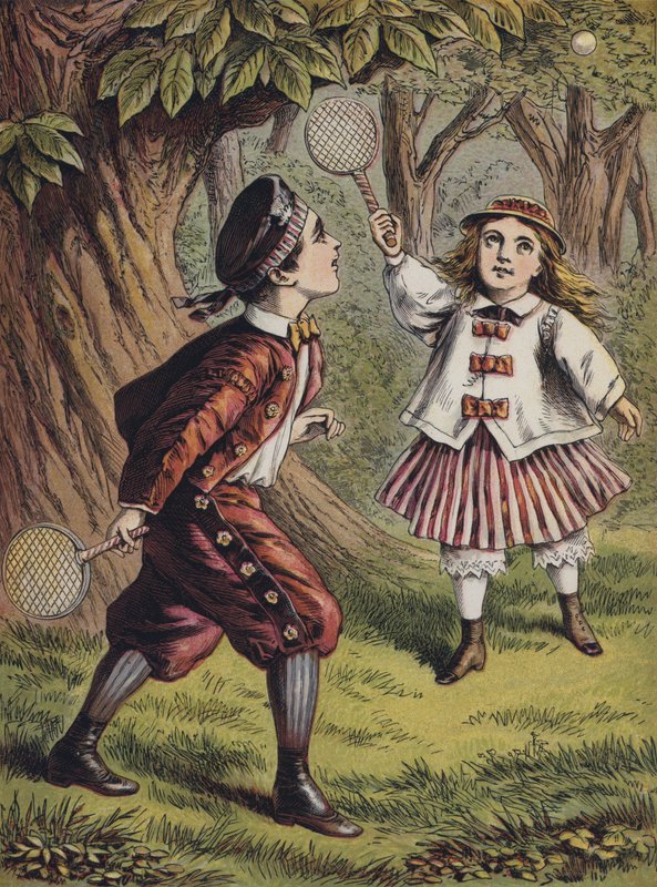 Chlapec a dívka hrající si s pálkou a míčem (barevná litografie) od English School