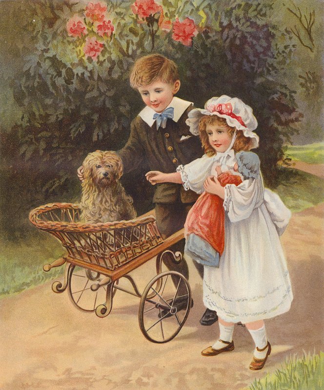 Chlapec a dívka tlačí svého domácího mazlíčka ve vozíku (chromolit) od English School
