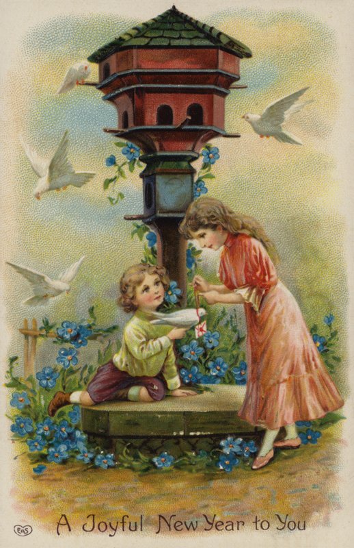 Chlapec a dívka posílají vánoční pozdravy holubicí (chromolit) od English School