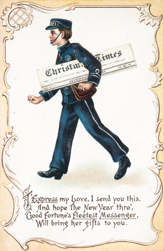 Boy delivery Christmas Times Newspaper, Christmas Card od English School
