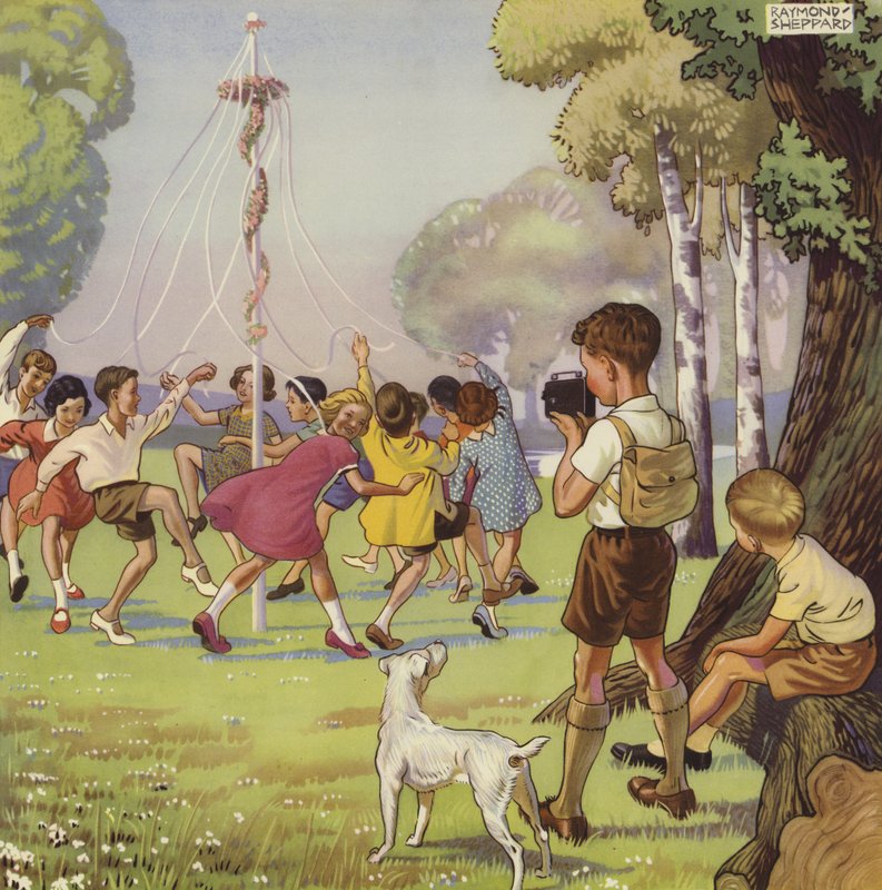 Chlapec natáčí děti tančící kolem májového pólu (barevné lito) od English School