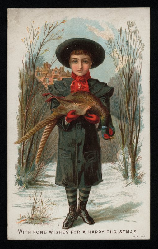 Chlapec drží bažanta, vánoční přání. (chromolitho) od English School