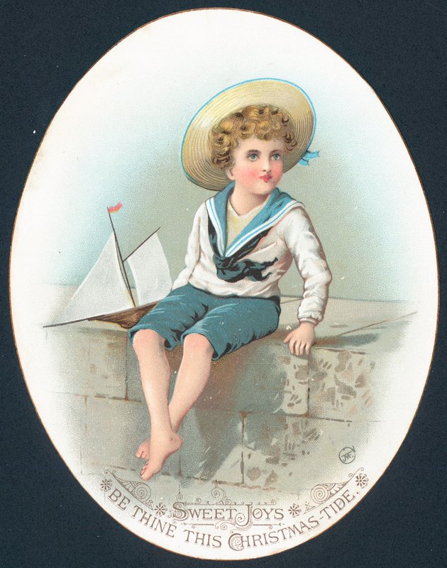 Chlapec v obleku Sailor s hračkou jachty, vánoční přání od English School