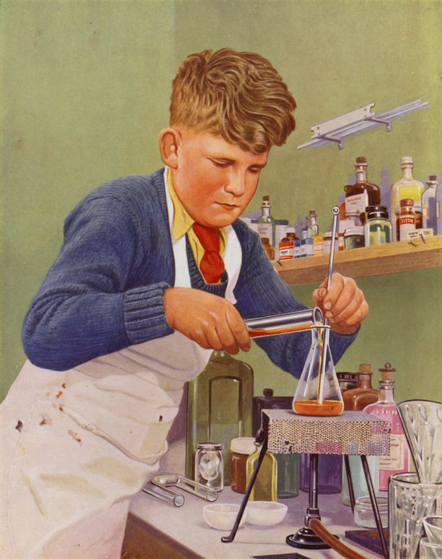 Chlapec provádí chemický experiment (barevné lito) od English School