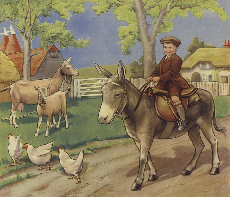 Chlapec jedoucí na oslu na anglickém venkově (barva litho) od English School