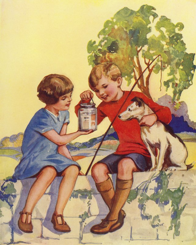 Chlapec předvádí pět malých ryb, které chytil (barva litho) od English School