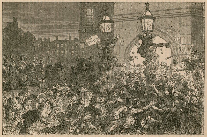 Chlebové nepokoje u vchodu do Dolní sněmovny, 1815 od English School
