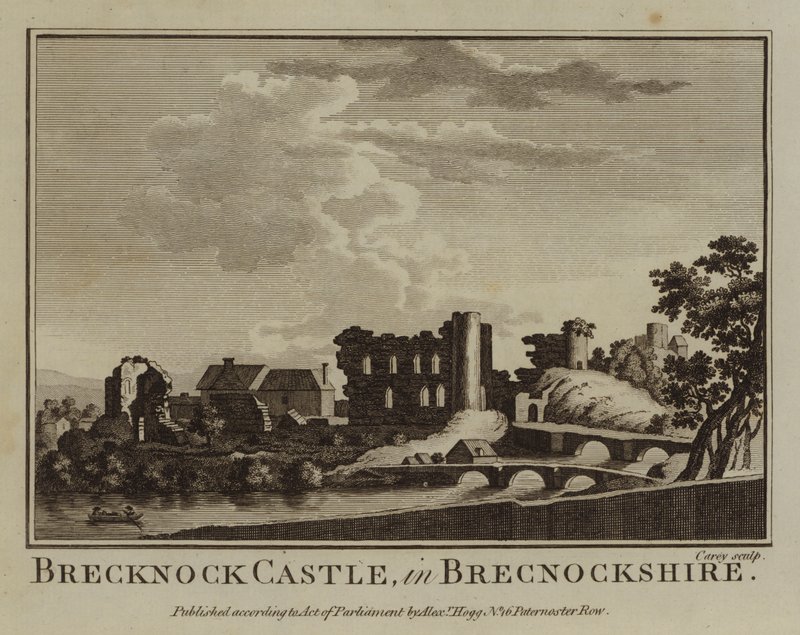 Hrad Brecknock, v Brecknockshire (rytina) od English School