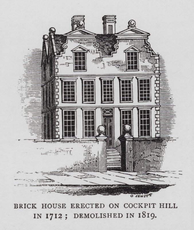 Brick House postavený na Cockpit Hill v roce 1712; zbořen v roce 1819 (rytina) od English School