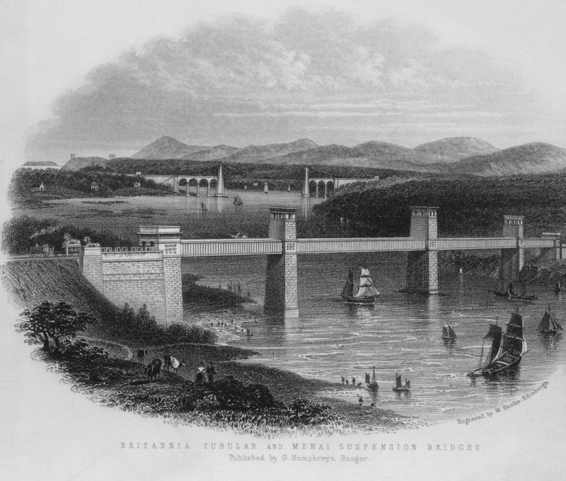 Britannia Tubular a Menai Suspension Bridges (rytina) od English School