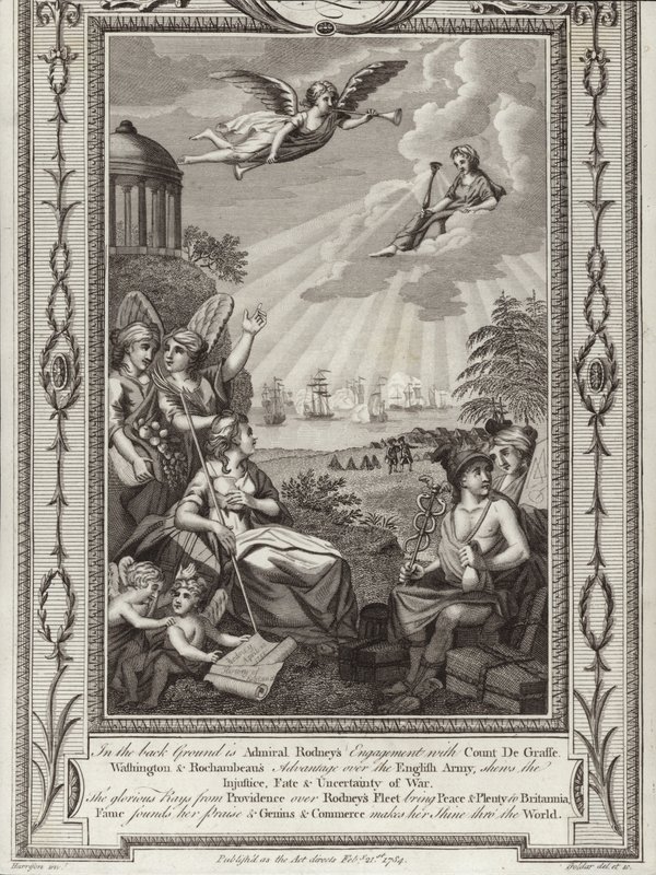 Vítězství britského admirála George Rodneyho nad francouzskou flotilou pod velením Comte de Grasse v bitvě u Saintes, americká válka za nezávislost, 1782 od English School
