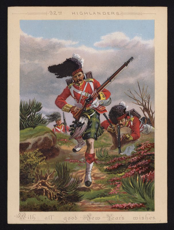 Vojáci britské armády 92nd Highlanders, novoroční přání (barevná litografie) od English School