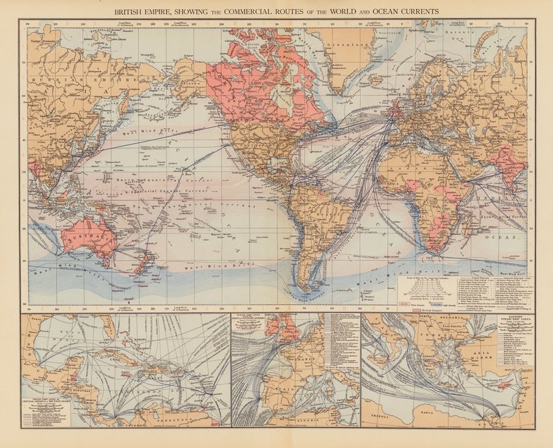 British Empire, Showing the Commercial Routes of the World and Ocean Currents (barevná litografie) od English School