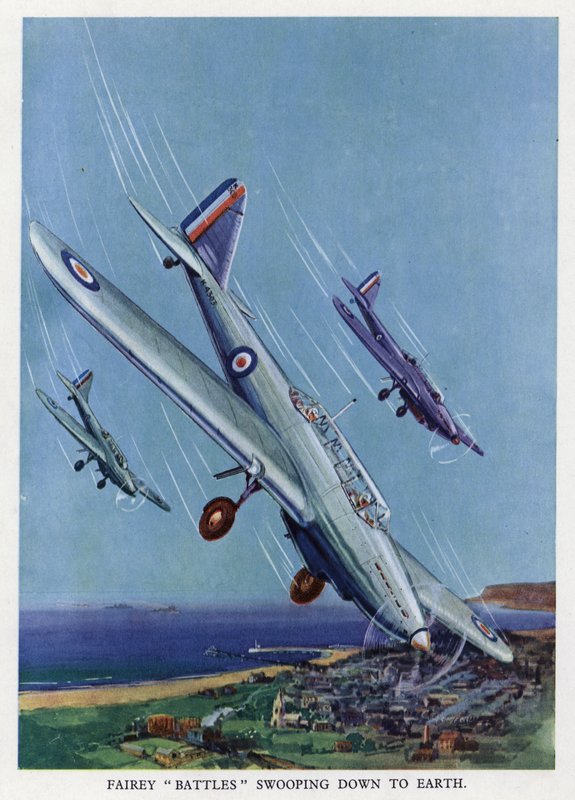 Britské lehké bombardéry Fairey Battle klesající k zemi (barva lito) od English School