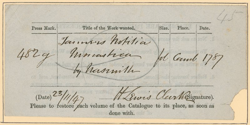 British Museum, Book Order Slip, 23. listopadu [18?]47 od English School