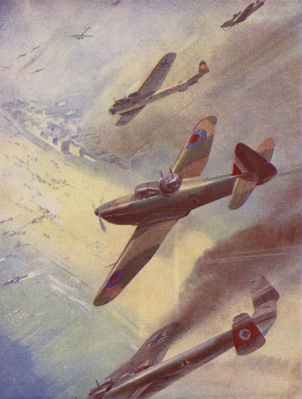Britská letadla útočí na německé bombardéry (barevná litografie) od English School