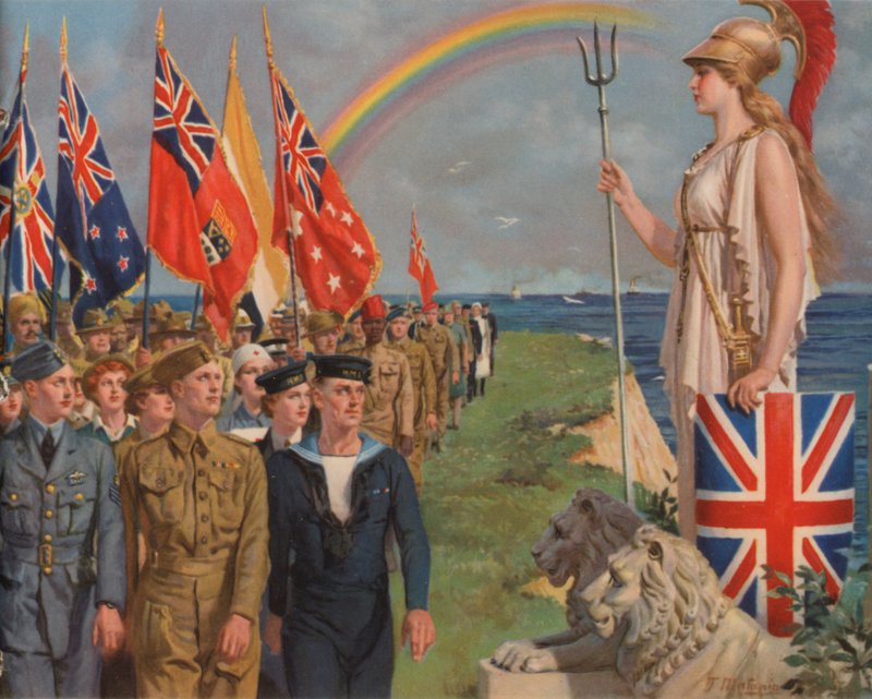 Britští a císařští vojáci a civilisté zapojení do válečného úsilí při přehlídce před Britannií (barevná litografie) od English School