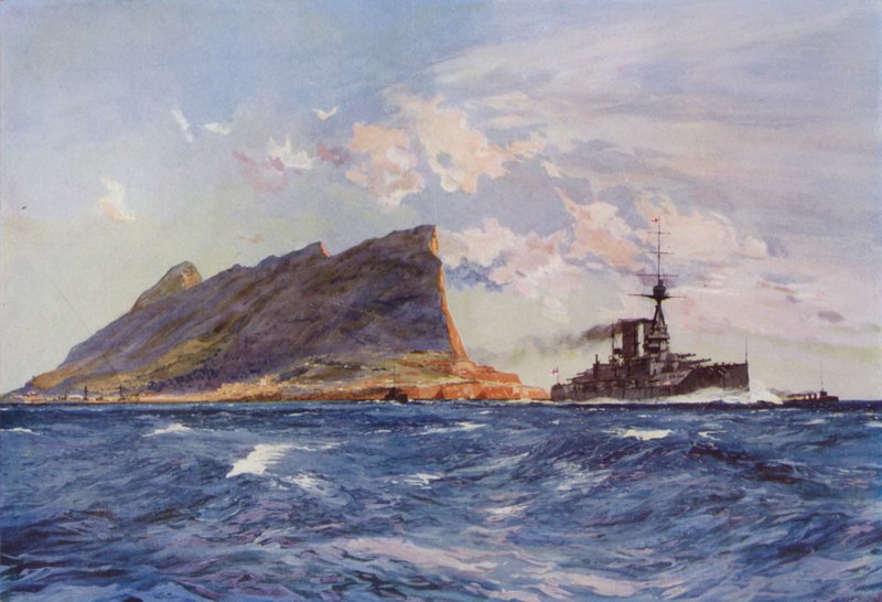 Britská bitevní loď u Gibraltaru (barva litho) od English School