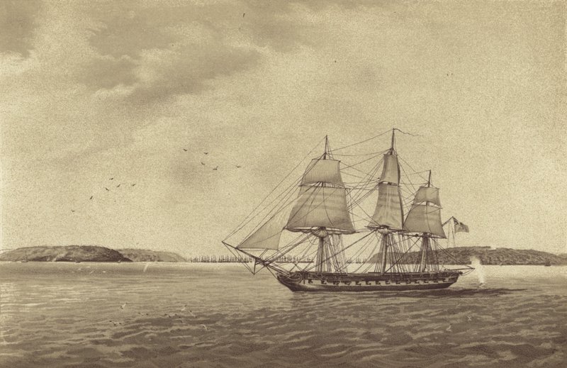 Britská fregata HMS Fisgard, které velí kapitán Thmas Byam Martin, při průzkumu u Brestu ve Francii (litografie) od English School