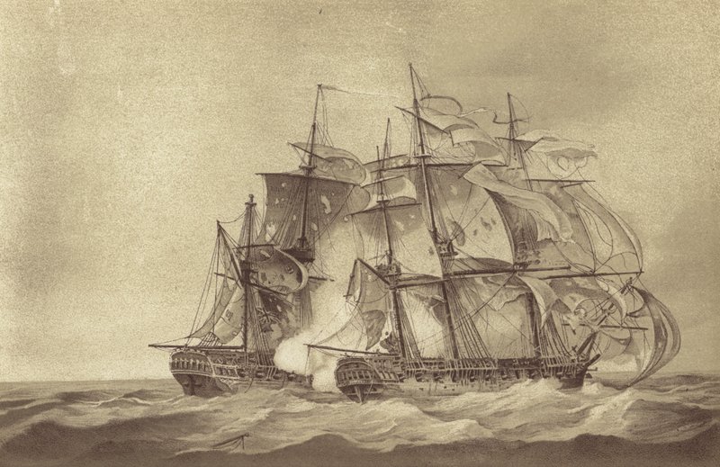 Britská fregata HMS Santa Margarita, které velel kapitán Thomas Byam Martin, zachycující francouzskou fregatu Tamise, červen 1796 (litho) od English School